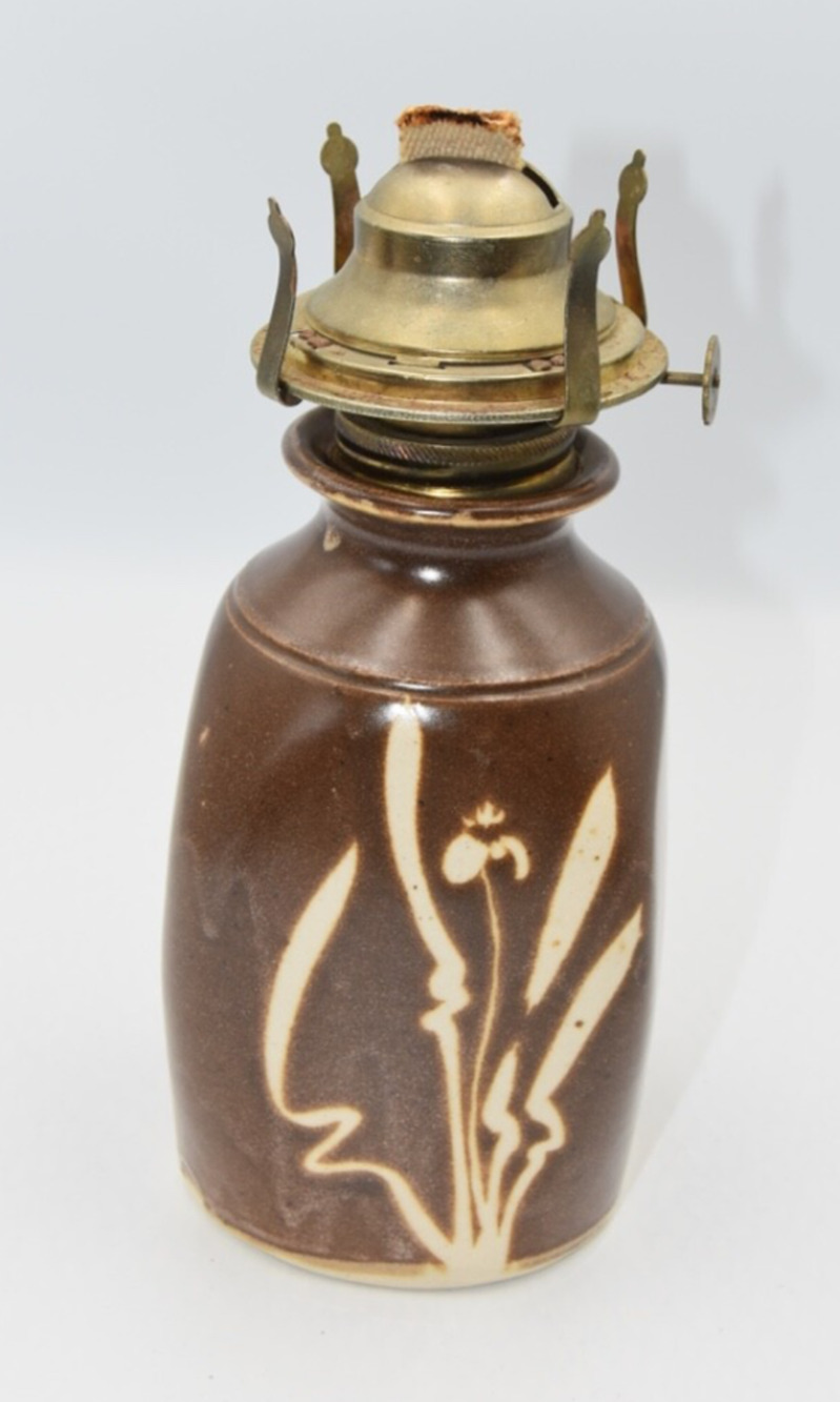 Antique Stoneware Pottery Brown Oil / Kerosene Lantern Lamp Signed